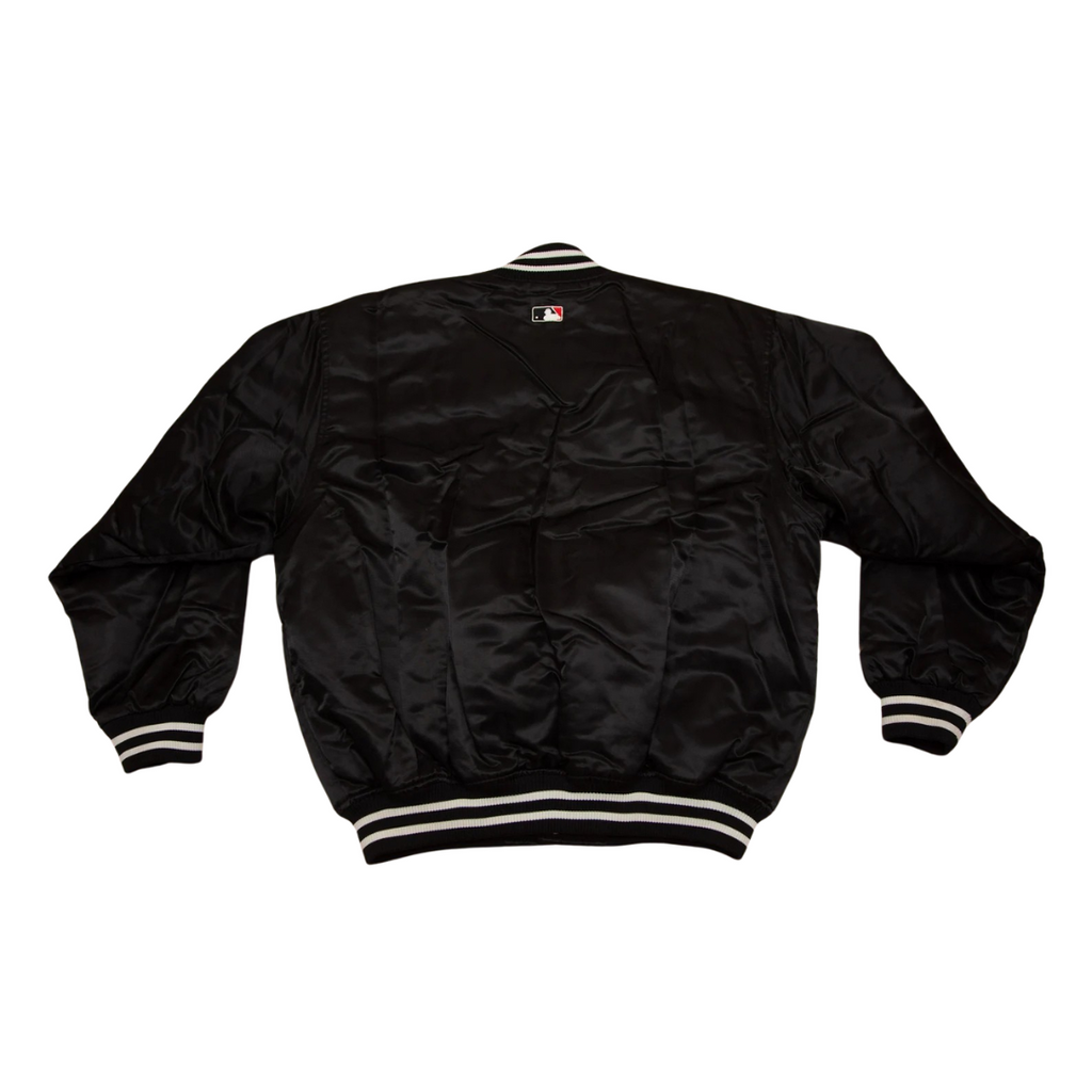 LA Dodgers black satin bomber jacket back view – classic MLB apparel, JacketnJoint