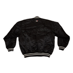 LA Dodgers black satin bomber jacket back view – classic MLB apparel, JacketnJoint