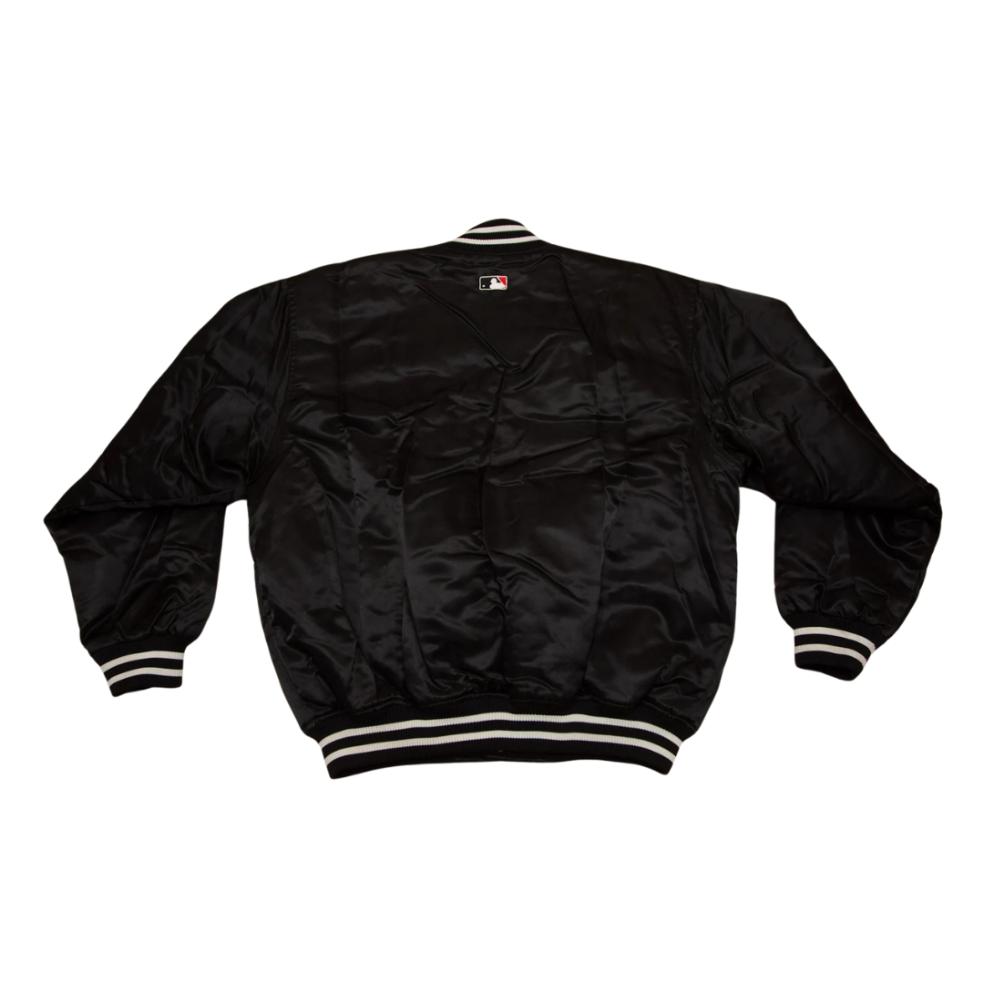LA Dodgers black satin bomber jacket back view – classic MLB apparel, JacketnJoint