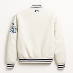 LA Dodgers white satin bomber jacket back view – classic MLB apparel, JacketnJoint