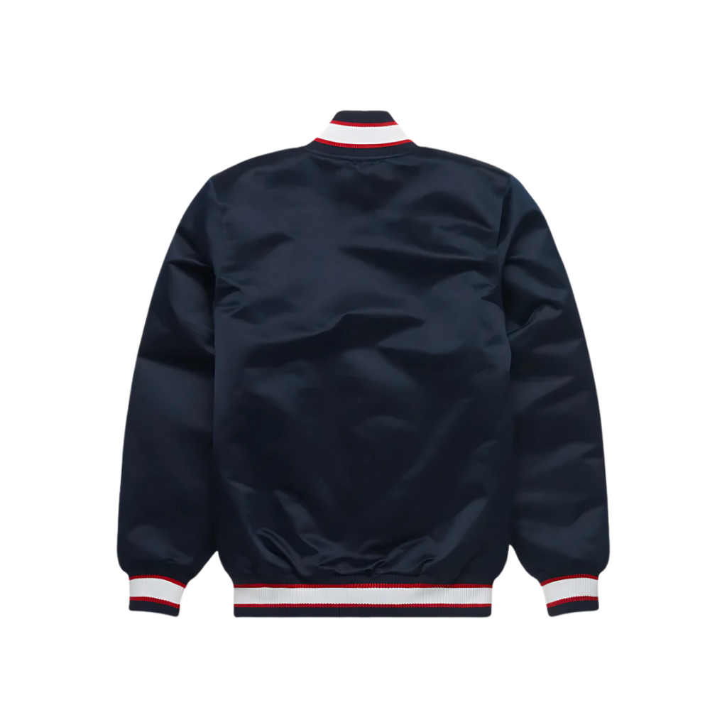 Minnesota Twins Navy Satin Bomber Jacket back view, JacketnJoint