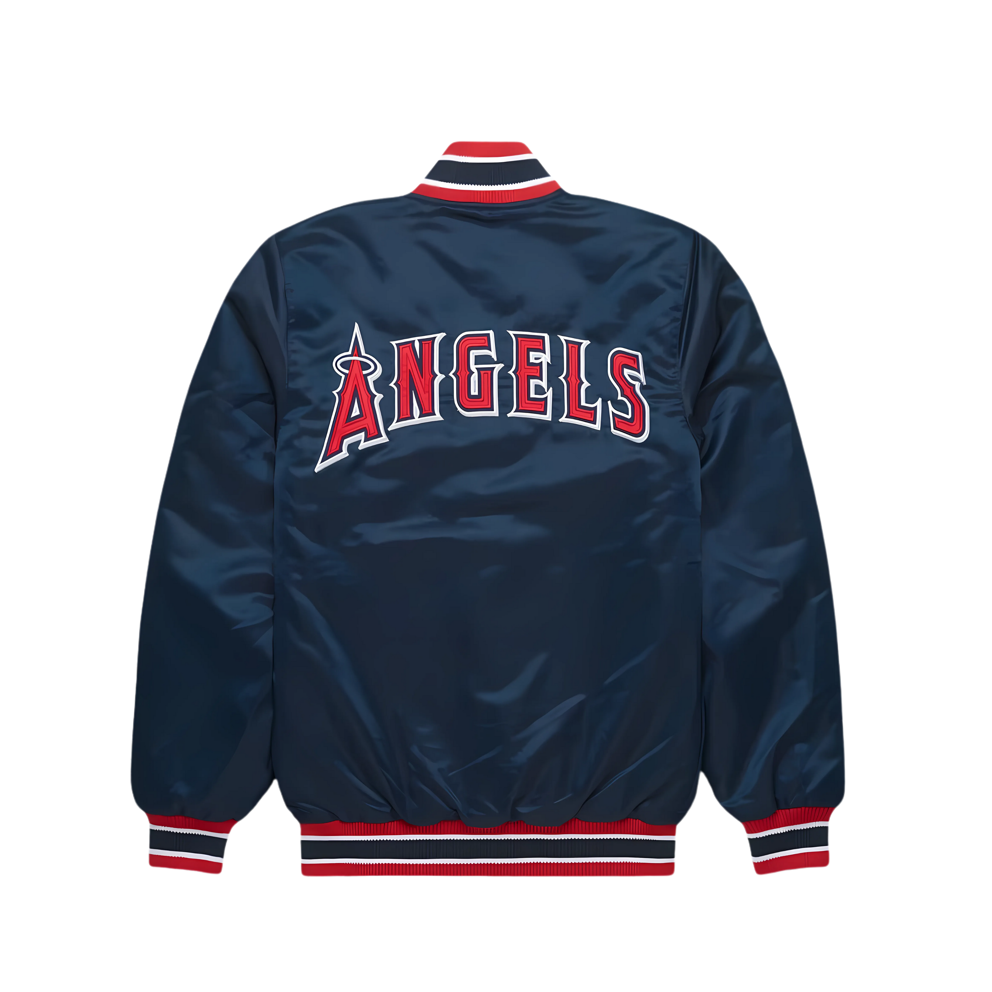 Los Angeles Angels red satin victory jacket MLB fan gear back view, JacketnJoint