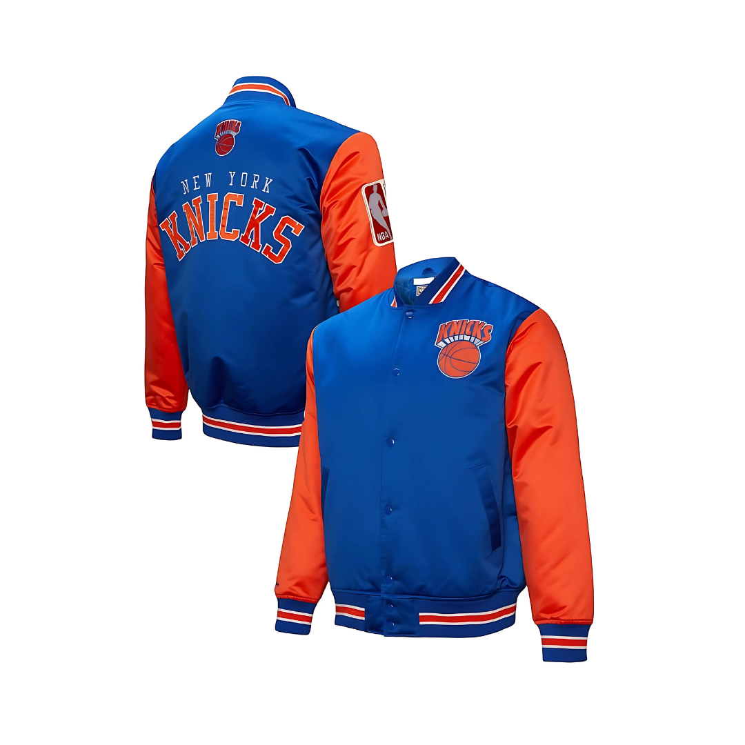 Official NBA Knicks satin fan jacket in blue and orange, JacketnJoint