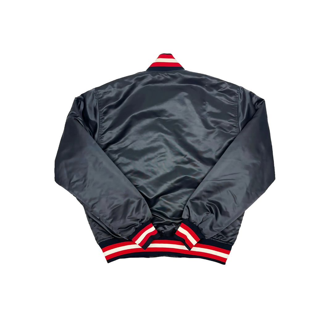 Portland Trail Blazers fanwear varsity satin jacket black and red back view, JacketnJoint