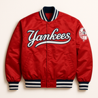 New York Yankees red satin bomber jacket front view – MLB fanwear, JacketnJoint