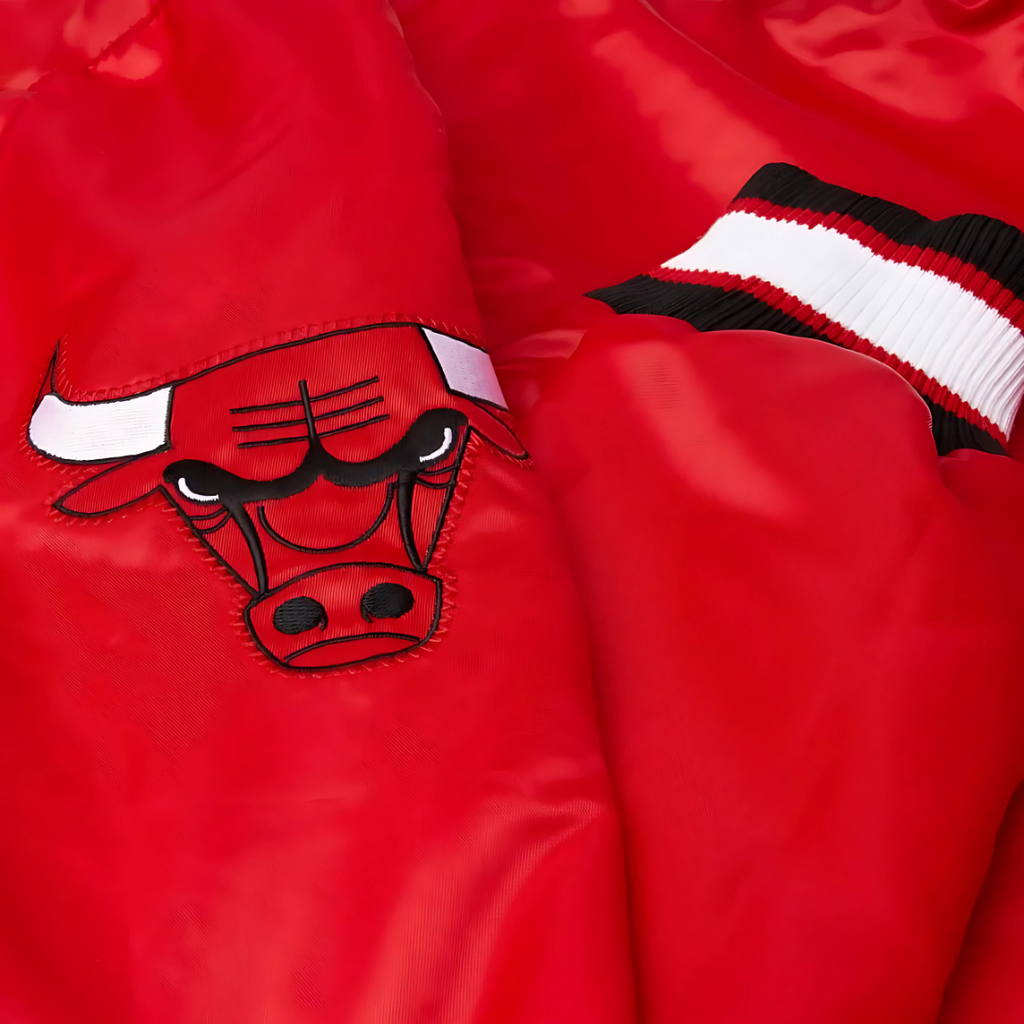 Chicago Bulls varsity satin basketball jacket closeup, JacketnJoint