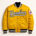 New York Yankees yellow satin jacket front view MLB fanwear, JacketnJoint