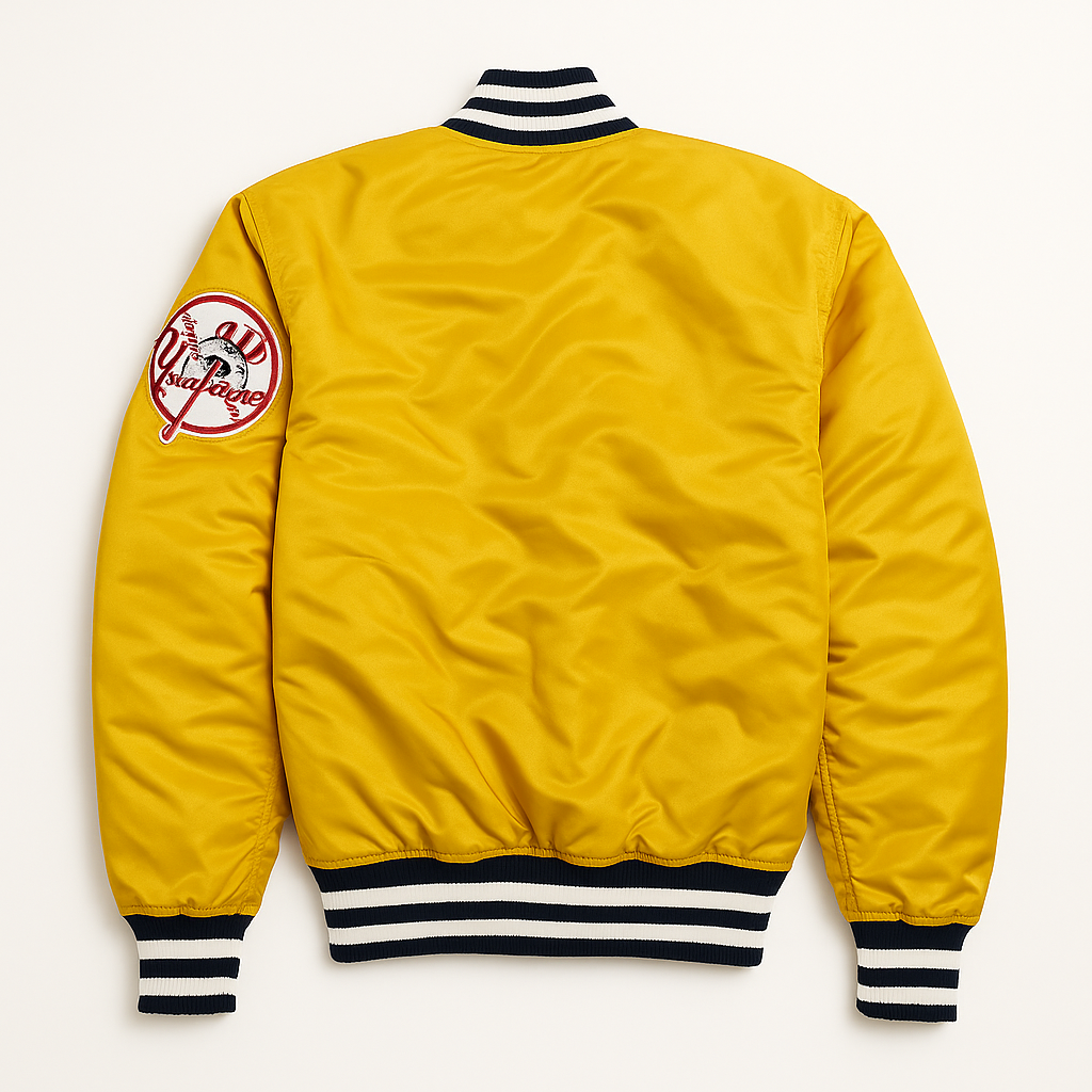 New York Yankees yellow satin jacket back view MLB fanwear