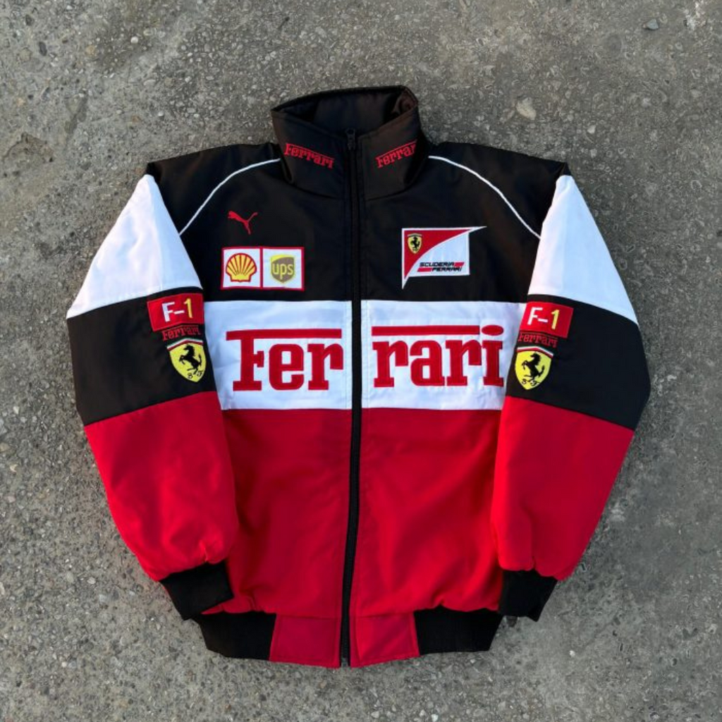 Ferrari Red and White Racing Satin Jacket F1 fanwear front view, JacketnJoint