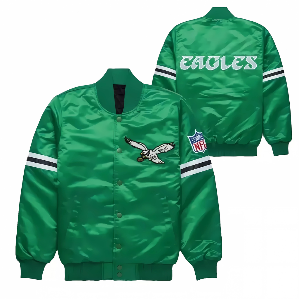 Premium Eagles NFL outerwear in midnight green satin, JacketnJoint