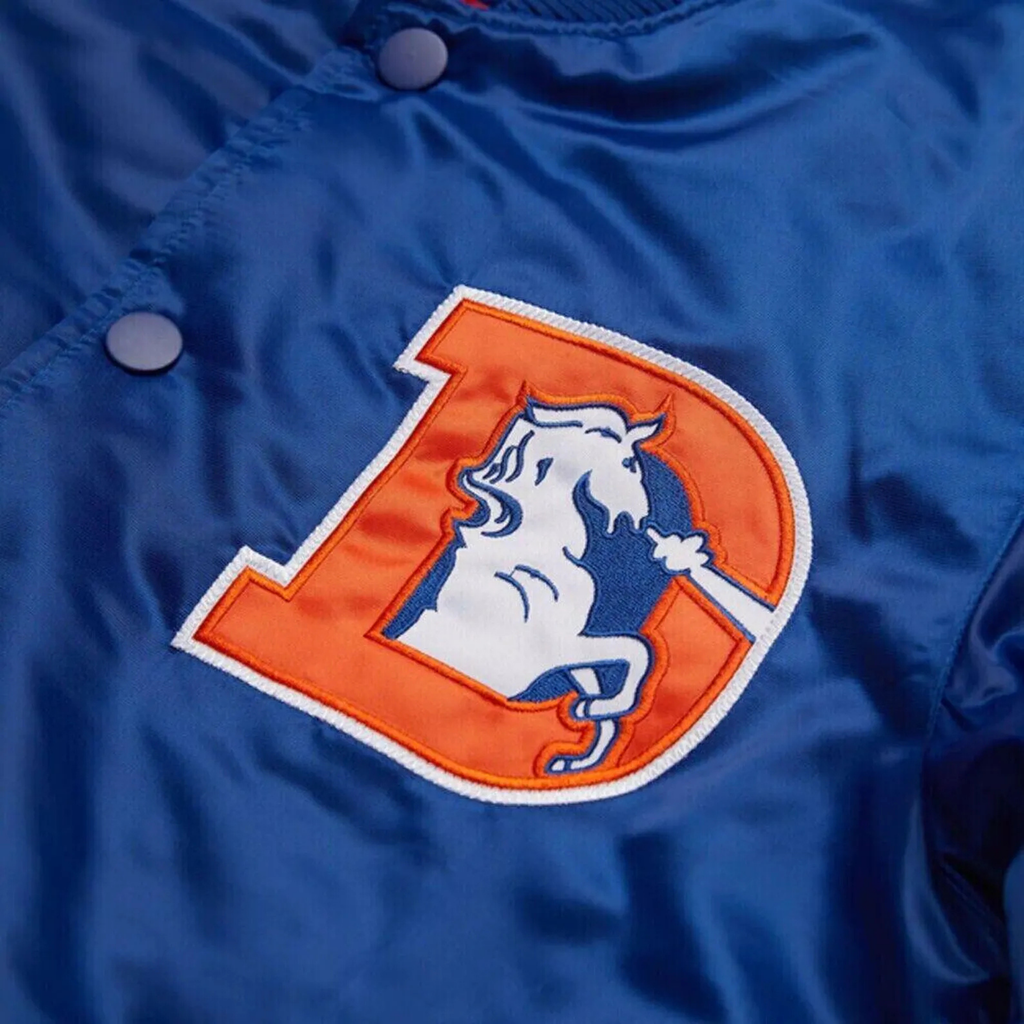 Premium satin Denver Broncos jacket close-up, JacketnJoint